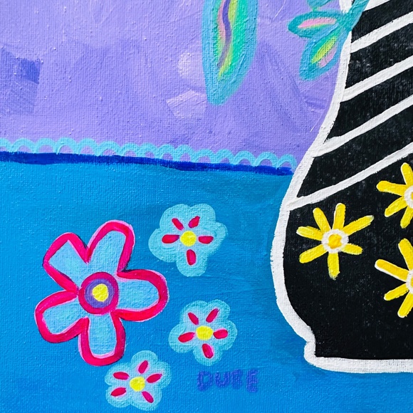 Original Folk Art Style Flower Bouquet Painting: Black Vase Multi Color 14" x14" - Picture 5 of 7